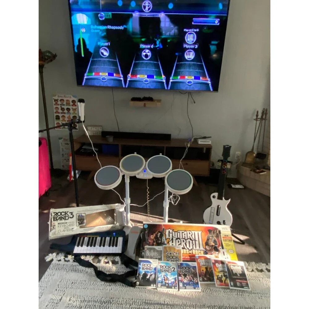 Nintendo Wii Rock Band guitar hero Bundle Guitar, Drums, Mic ,Keyboard w 9 games